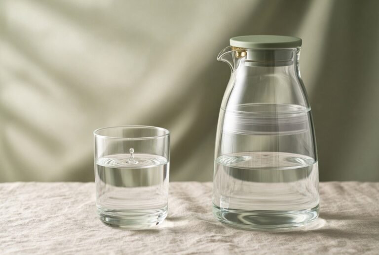 A glass of pure water beside a filter carafe illustrating clean drinking water