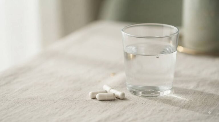 glass of water beside white capsules illustrating hydration and medication