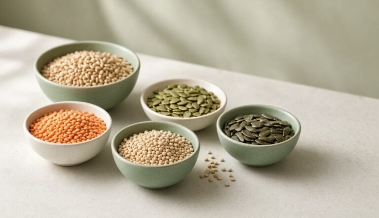 Bowls of grains, lentils and seeds representing essential staple foods