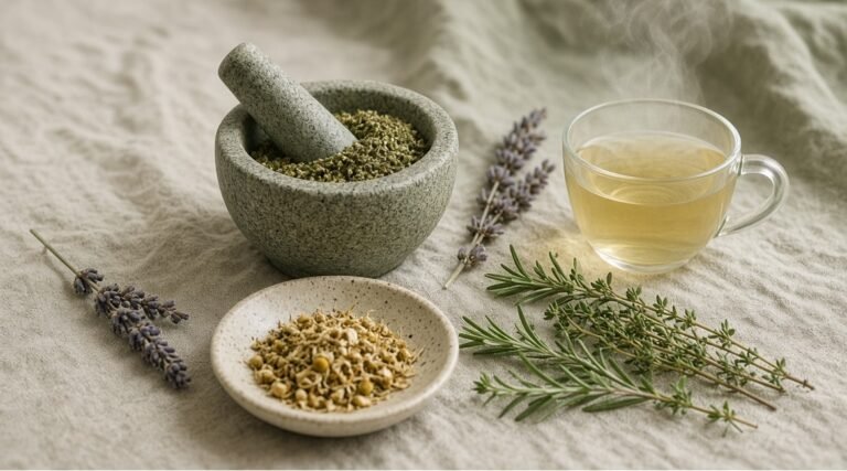 Mortar and pestle with dried herbs, chamomile and an herbal infusion representing herbal remedies