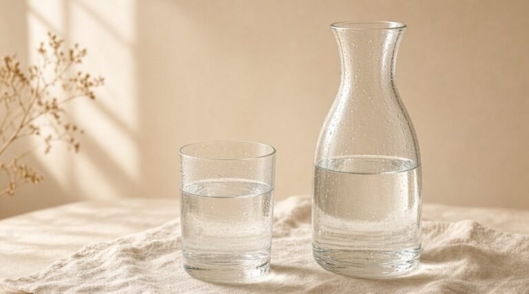 A glass carafe and glass of water representing daily hydration