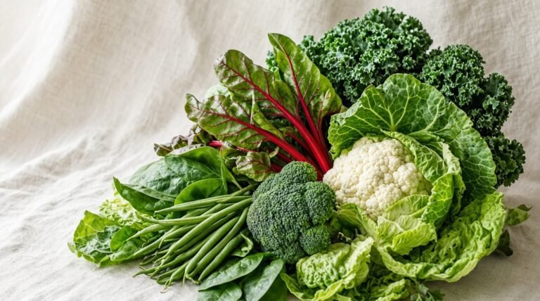 Fresh kale, chard, spinach and broccoli representing vegetables and leafy greens