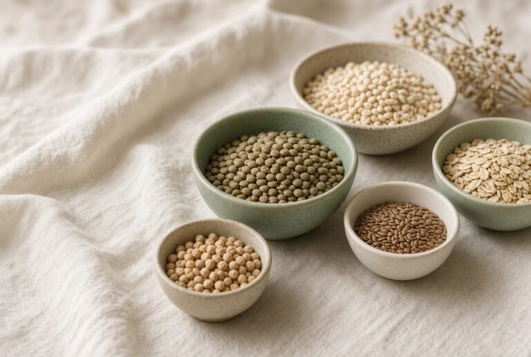 Bowls of whole grains, lentils and seeds illustrating essential staple foods