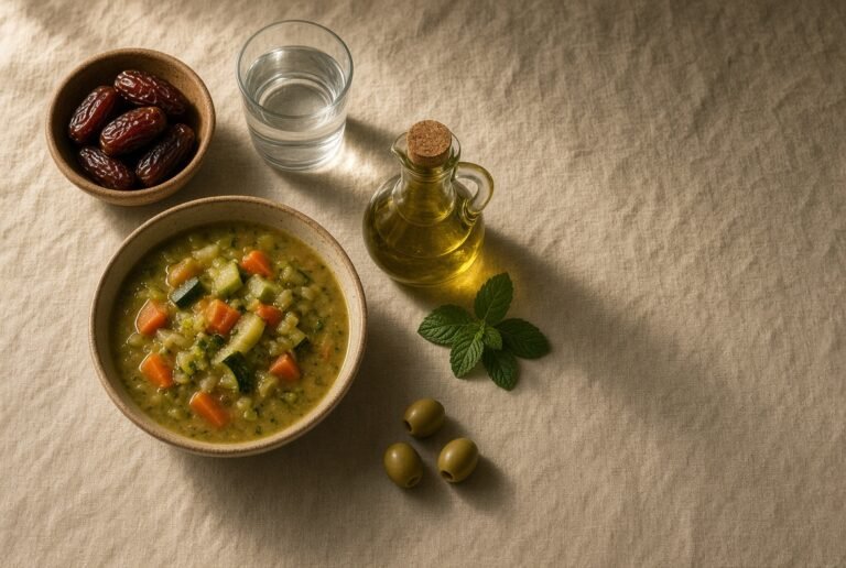 Dates, water, olives and mint on linen — a traditional meal for breaking a fast