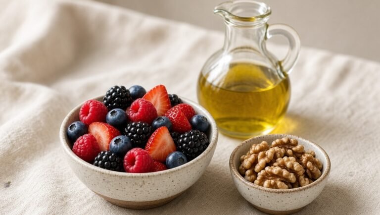 Berries, walnuts and olive oil representing foods that support chronic disease prevention