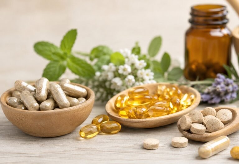 Capsules, softgels and tablets with fresh herbs representing dietary supplements
