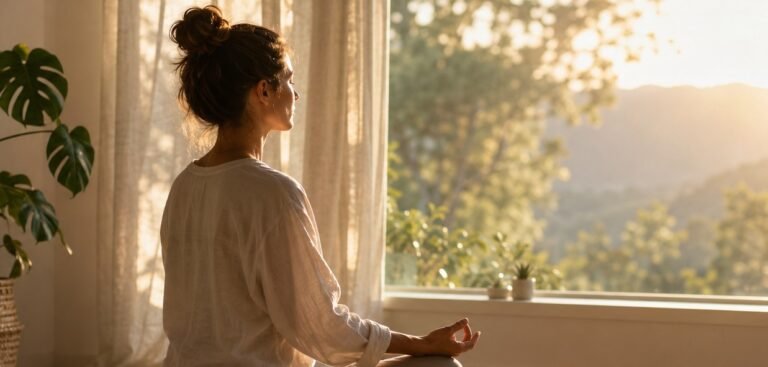 Person meditating in calm morning light representing wellness and mental health