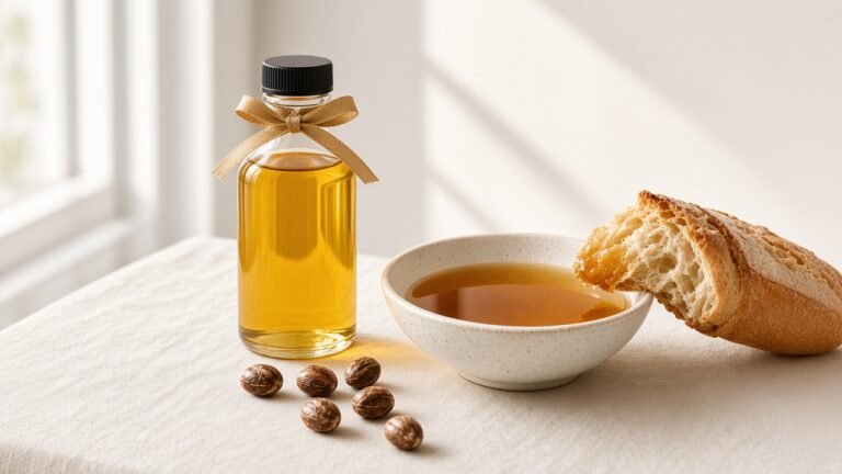 Copper-coloured edible argan oil in a white dish with bread and argan kernels on a linen cloth in bright morning light