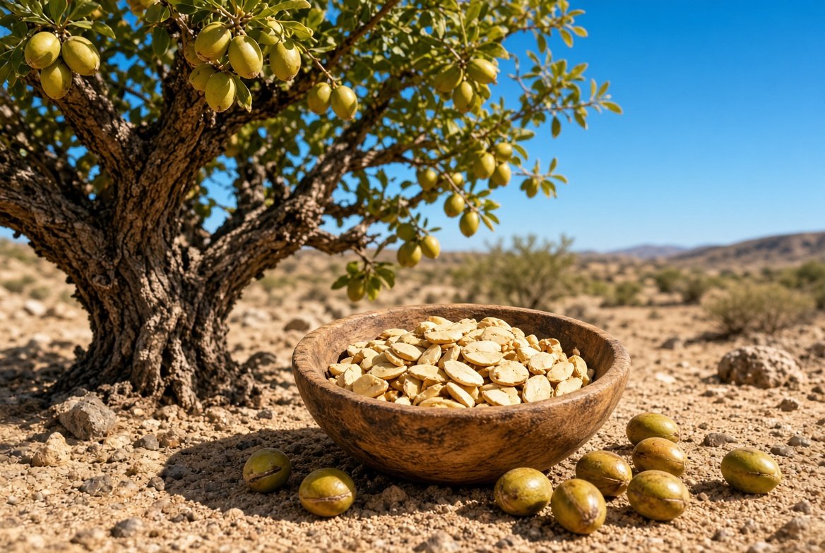 Argan tree with green fruit and shelled argan kernels in a wooden bowl, bright Moroccan sunlight
