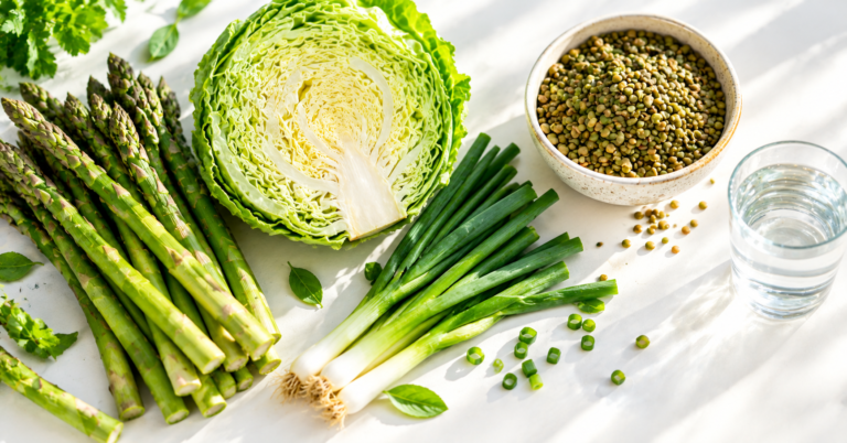 Fresh asparagus, cabbage, spring onions and green lentils on white in daylight