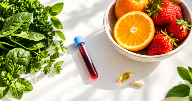 A blood test vial beside oranges, strawberries, greens and a few capsules in daylight