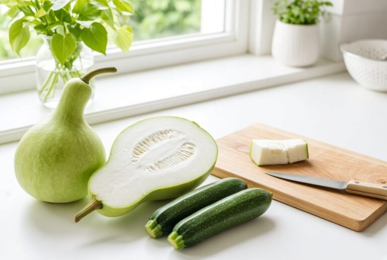 Bottle gourd and courgettes on a white counter, one cut open with a tasting slice