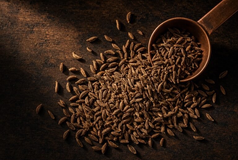 Dried brown caraway seeds spilling from a copper spoon across dark walnut wood