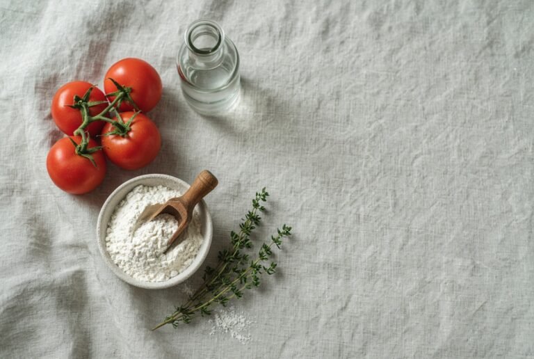 Tomatoes, flour, thyme and a glass bottle on linen · clear the Image Caption field
