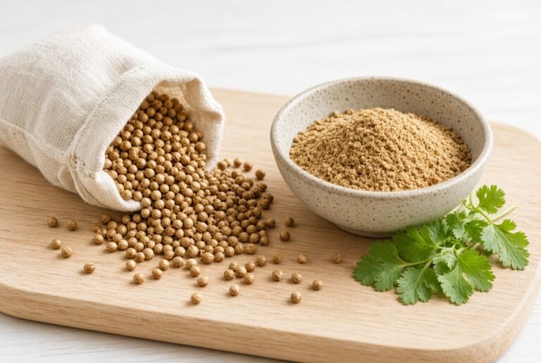 Whole coriander seeds spilling from a small linen sack beside a bowl of freshly ground coriander on a pale wooden board in bright daylight