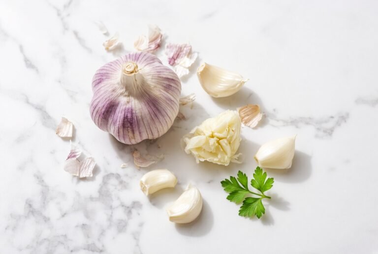 Whole garlic bulb with violet-streaked skin beside loose and crushed cloves in bright daylight