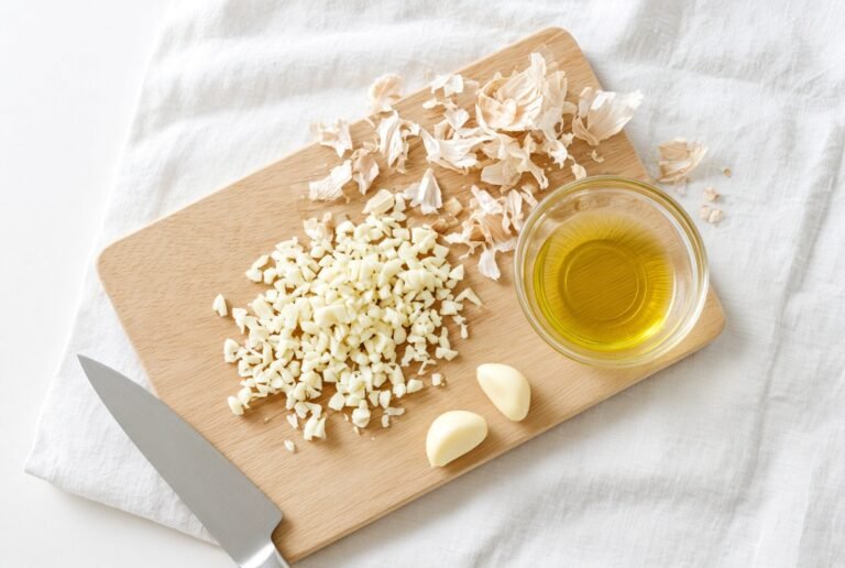 Freshly chopped garlic resting on a pale wooden board beside olive oil and a knife in bright daylight