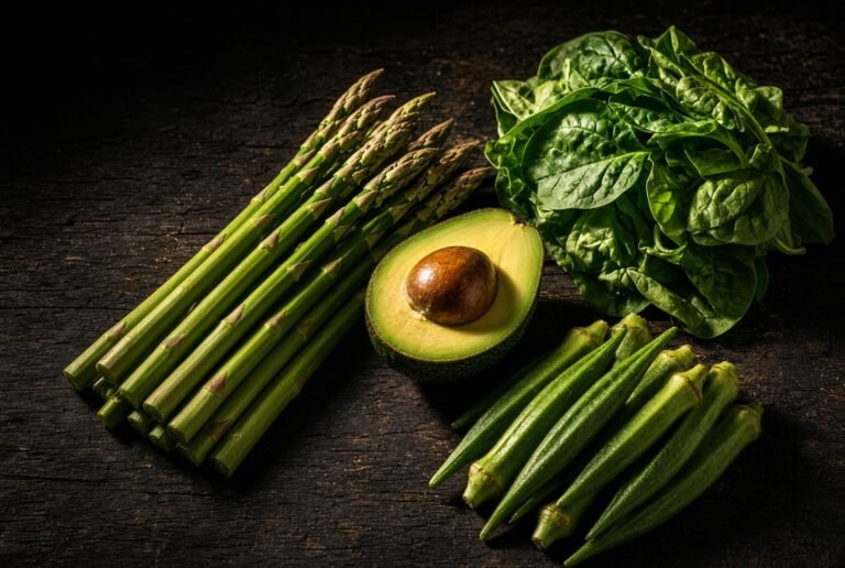 Fresh asparagus, halved avocado, raw spinach and okra on dark wood