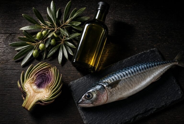 Olive oil, olive branches, a halved artichoke and fresh mackerel on dark slate