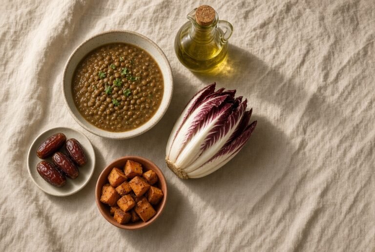 Lentil soup, dates, sweet potato, chicory and olive oil on linen