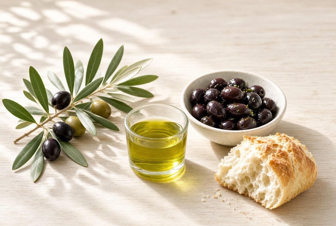 Green and black olives on a branch beside a glass of deep-green extra-virgin olive oil and a piece of bread on a pale table in bright Mediterranean light