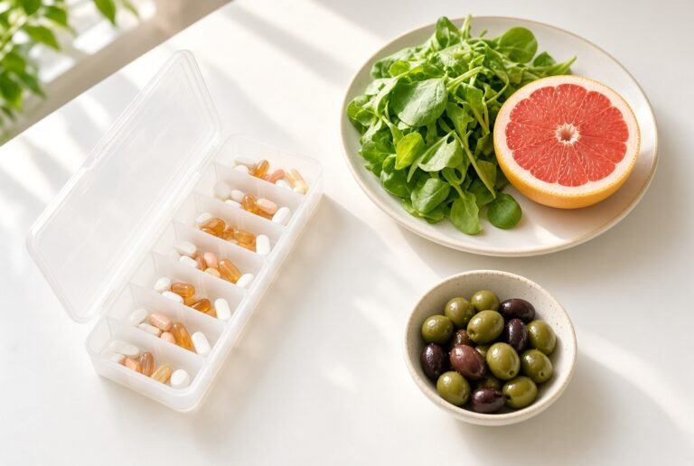 A weekly pill organiser beside leafy greens, grapefruit and olives on a sunlit counter