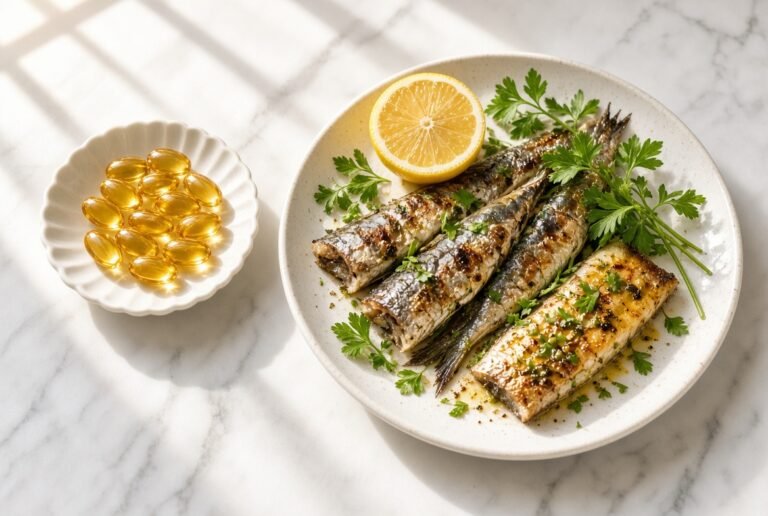 Sardines, lemon and vitamin capsules on white marble in bright daylight