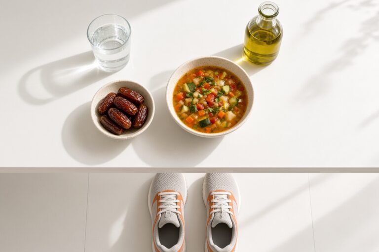 A glass of water, dates, vegetable soup, olive oil and walking shoes in daylight