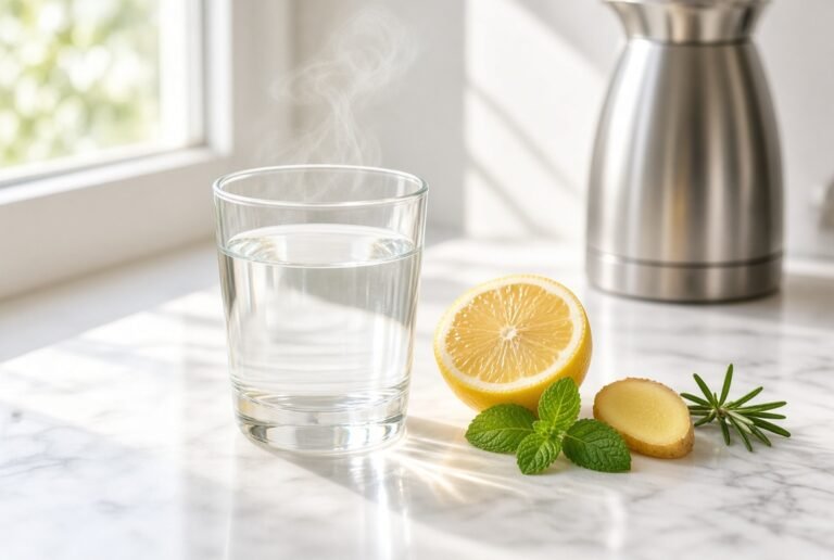 Bright glass of warm water on a sunlit table beside fresh lemon, mint and ginger