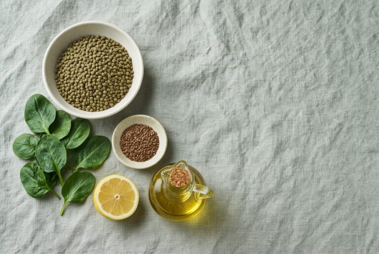 Lentils, flaxseed, spinach, lemon and olive oil on linen
